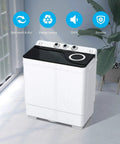 Slick Compact Twin Tub Portable Mini Washing Machine With Built In Drain Pump, 26 lbs capacity with control knobs and sleek design.