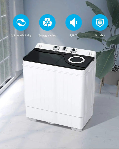 Slick Compact Twin Tub Portable Mini Washing Machine With Built In Drain Pump, 26 lbs capacity with control knobs and sleek design.