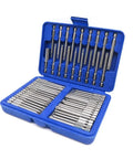 Premium 50 Piece Extra Long Screwdriver Bit Set With Comfortable Handle Featuring Torx Star Hex Spline Tips Perfect For Daily Repairs Picture Hanging And Minor Plumbing Jobs In A Reinforced Toolbox. Blue case with 50 extra long screwdriver bits organized in a plastic toolbox.