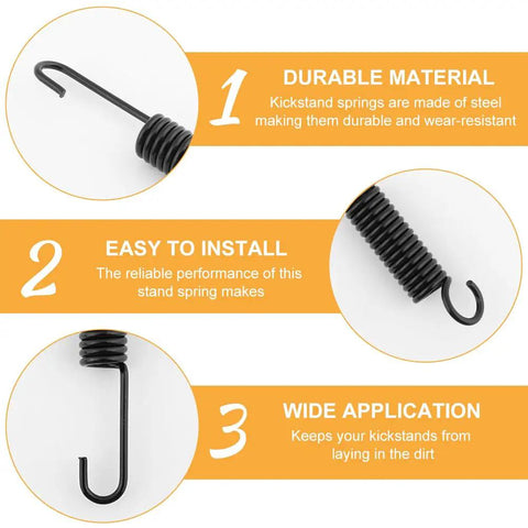 Two Pack Mini Bike Kickstand Springs 10cm Universal Replacement Side Kickstand Springs For Motorcycle Scooter Dirt Pit Bike Built Tough Steel Black Finish, shown with durability and installation benefits.
