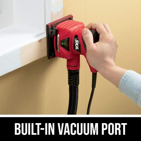 Person using Corded Quarter Sheet Palm Sander With Solid 2 Amp Motor For Smooth Wood Refinishing And Drywall Sanding Fingertip Control Easy Glide Action.