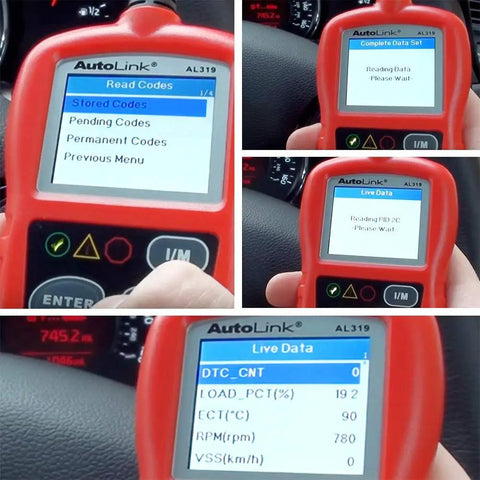 AL319 OBD2 Scanner Car Code Reader for Engine Fault Codes displaying stored codes and live data on screen inside a car