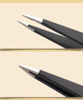 Close-up of Two Pack Slant And Point Tip Tweezers Set For Eyebrows And Ingrown Hair Removal, Stainless Steel Precision Grooming Tools.