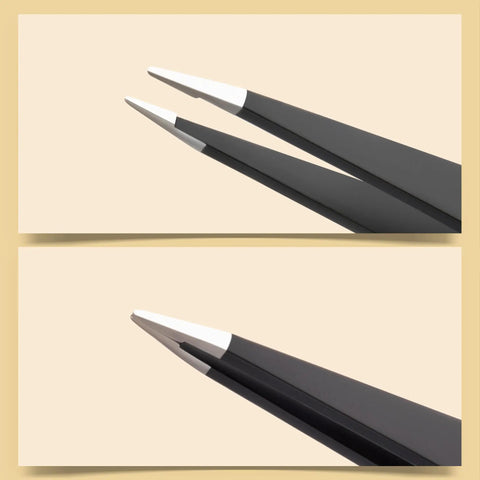 Close-up of Two Pack Slant And Point Tip Tweezers Set For Eyebrows And Ingrown Hair Removal, Stainless Steel Precision Grooming Tools.