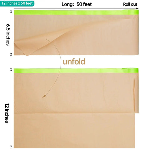Pre Taped Masking Paper For Painting 12 Inch By 50 Foot 2 In 1 Tape And Drape Painters Paper Roll unfolded brown paper