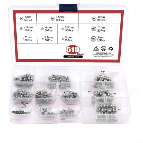 510 Piece 304 Stainless Steel Balls Kit 2mm To 8mm For Precision Bearings Motors Valves Switches And Instruments Pro Grade Durable Stainless Steel Spheres For High Precision Projects, assorted sizes in organizer box