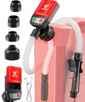 Electric Fuel Transfer Pump With Auto Stop For Gas Cans, 3.8 GPM Flow, 51 Inch Hose, Four Size Adapters, No Spill Gas Can Pump For Gasoline Diesel Kerosene, Gift For Men Dad Him 2nd Gen Red Black attached to red gas can with adapters and USB cable shown