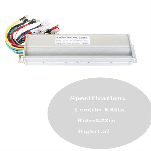 Dual Voltage 48V 72V 1500W Brushless DC Motor Controller For E-Bikes And Scooters with wires and dimensions displayed