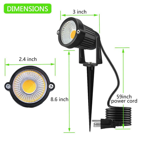Dimensions of Bright 5W LED Landscape Spotlight Pack 120V Plug In Outdoor Garden Path Lights 550LM Waterproof Yard Tree Driveway Lighting 3000K Warm White Easy Install 6 Pack with 59 inch power cord.
