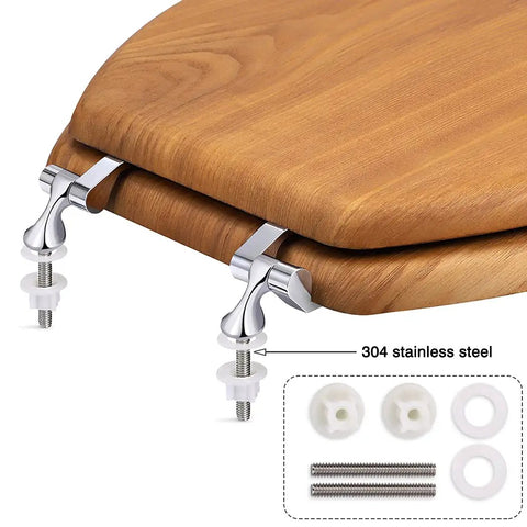 Round Wood Toilet Seat With Durable Chrome Hinges, Natural Oak Veneer Finish, showing chrome hinges and mounting hardware