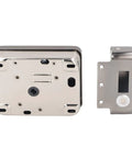 Slick Electronic Deadbolt Lock With Keyless Entry And Hella Secure Dual Remote Control For Front Door Upgrade showing back and side view, aluminum material.