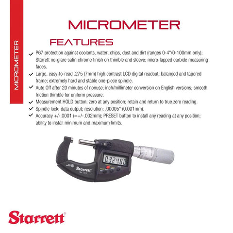 Product features of Electronic Micrometer With SPC Output, IP67 Waterproof, Satin Chrome Finish, Carbide Measuring Faces, LCD Display