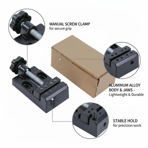 This Mini Aluminum Alloy Bench Vise Is A Compact Clamp Perfect For Jewelry Making And Precision Crafts, featuring a manual screw clamp and sturdy design.