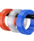 Top Shelf White Polyurethane Pneumatic Air Hose Thirty Three Feet Long With Smooth Inner Bore For Compressors And Shop Gear Built Rugged To Stop Air Leaks And Deliver Straight Fire Flow For Fast Tool Action On Daily Garage Grinds And Custom Builds, featuring red, clear, and blue color options.