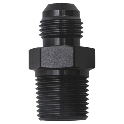Built Different Straight 6AN Male Flare To 3/8 NPT Pipe Fitting Adapter Crafted From Lightweight Aircraft Grade Aluminum With Dope Black Anodized Finish For Seamless Fluid System Hookups.