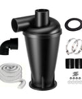 Heavy Duty Cyclone Dust Collector For Shop Vac Delivering Rock Solid Suction And Dual Stage Filtration with accessories and hose.