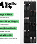 Heavy Duty Over The Door Shoe Organizer With 24 Roomy Pockets, Hangs Rock Solid And Holds Up To Forty Pounds, Tear Proof Non Woven Material With Double Stitched Edges, Sleek Black Closet Cleaner showing shoes in deep mesh pockets.