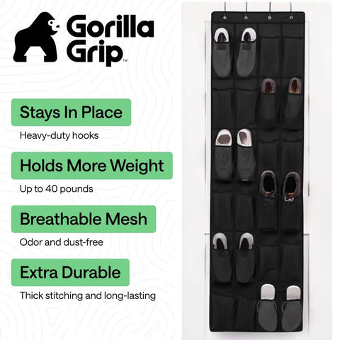 Heavy Duty Over The Door Shoe Organizer With 24 Roomy Pockets, Hangs Rock Solid And Holds Up To Forty Pounds, Tear Proof Non Woven Material With Double Stitched Edges, Sleek Black Closet Cleaner showing shoes in deep mesh pockets.