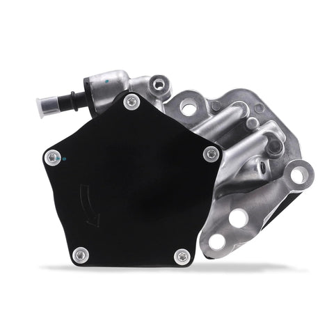 Brake vacuum pump with black cover and silver aluminum housing, side view