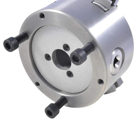 Close-up of heavy duty 5 inch 3 jaw lathe chuck plain back with wrench includes two sets of hard jaws internal and external