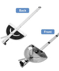 Heavy Duty Aluminum Miter Gauge With Quick Gliding Push Handle And Twenty Seven Degree Angle Stops shown from front and back views.