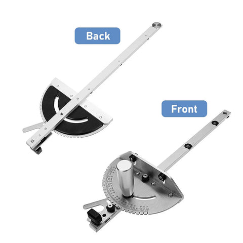 Heavy Duty Aluminum Miter Gauge With Quick Gliding Push Handle And Twenty Seven Degree Angle Stops shown from front and back views.
