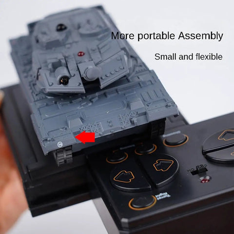 Two Point Four Gigahertz Mini RC Tank Toy With LED Lights Rotating Turret One To Sixty Four Scale Off Road Grippy Tracks on controller