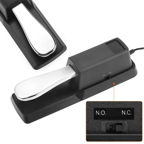 Universal Sustain Pedal For Keyboard With 1/4 Inch Plug Polarity Switch Built To Last Works With Digital Pianos, chrome and black design