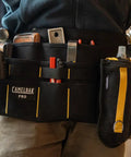 Boss Level Jobsite Utility Waist Pack Featuring Detachable Sixteen Oz Hydration Flask And Eight Rugged Tool Pouches, showing tool organization and storage.