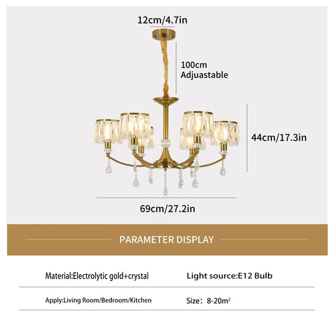 Gold Wagon Wheel Chandelier With 6 Lights, Clear Crystal Shades, E12 Base, Nordic Modern Design, Dimensions 69cm x 44cm