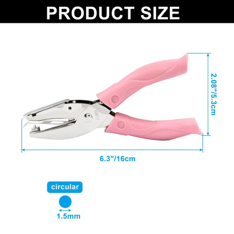 Round One Sixteenth Inch Hole Punch Handheld Paper Punch For DIY Crafts And Scrapbook Projects With Pink Soft Leather Cover Durable Stainless Steel shown with dimensions