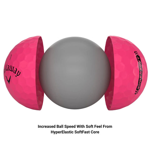 Supersoft Pink Golf Balls 2023 Edition cutaway view showing ultra soft feel and low compression core for casual play