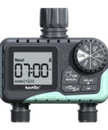 Two Zone Garden Hose Water Timer With Rain Delay And Manual Watering, display showing 7:00 AM, IP65 Waterproof dual outlets
