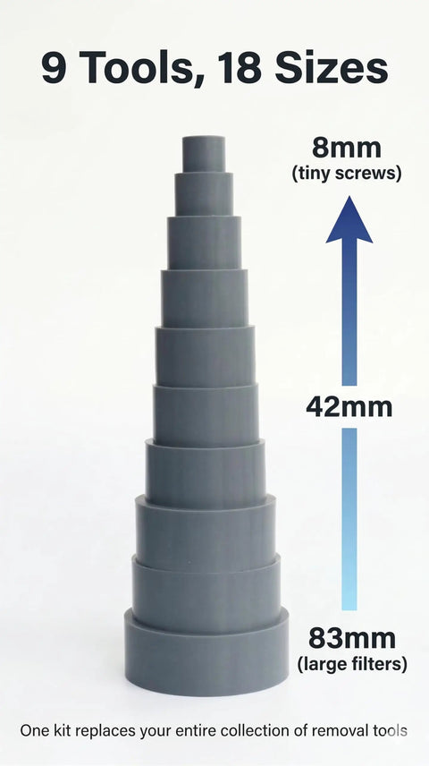 Rubber ring set from Camera Lens Repair Tool Kit For DSLR And Vintage Lenses demonstrating 8mm to 83mm sizes.