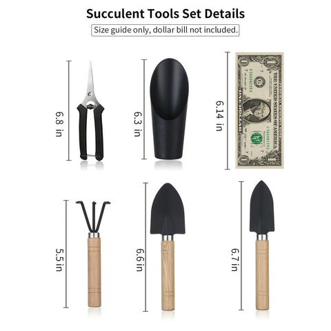 Mini Succulent Garden Tools Set With Shovel Spade Rake And Pruning Scissors Plus Plastic Bucket Shovel with size comparison