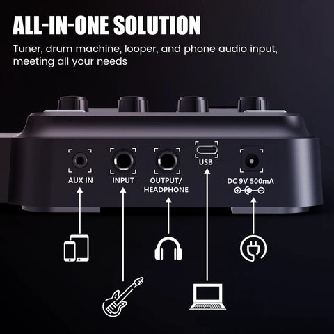 Back view of KMF-1 Guitar Pedal With 77 Effects And 50 Presets Delivers Gig Ready Tone showing AUX IN, input, USB ports.
