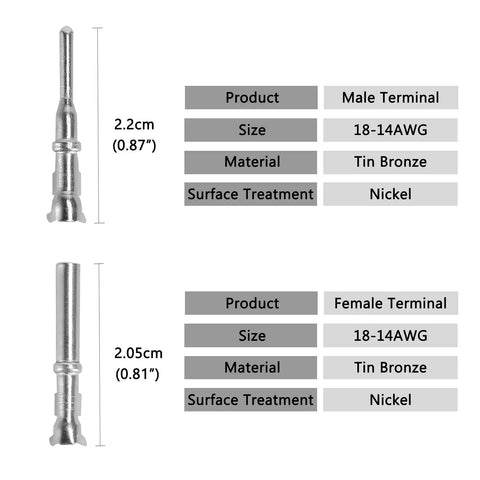 2 Pin Dt Series Waterproof Connector Kit with male and female tin bronze terminals, nickel finish, 18-14 AWG