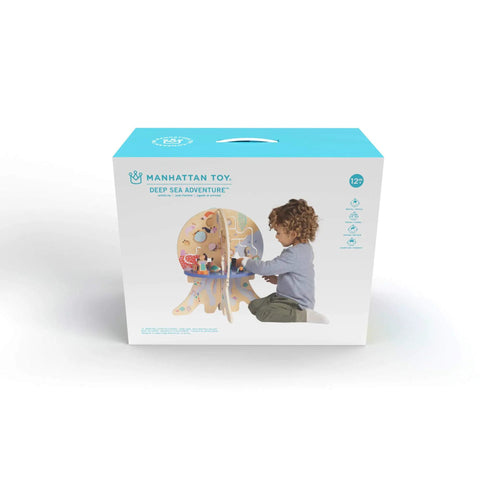 Deep Sea Adventure Wooden Toddler Activity Center With Clacking Clams Spinning Gears And Slick Bead Runs, packaging design with child.