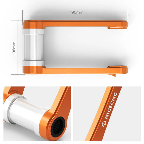 Orange Adjustable Lowering Suspension Link Arm For Front End Stability And Handling CNC Machined Billet Aluminum With Anodized Finish Easy Install Street Ready Drop Kit For Improved Ride And Precision Steering With An Aggressive Look. orange aluminum arm, 190mm x 96mm