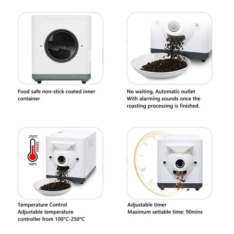 Top Shelf Automatic Electric Coffee Bean Roaster Machine With Hella Fast Rolling Stir Fry For Home Nuts And Peanuts Featuring Solid 90 Min Timer and Precise 100 To 250 Degree Heat Control For 1.5 Kilogram Capacity, showing non-stick coated inner container.