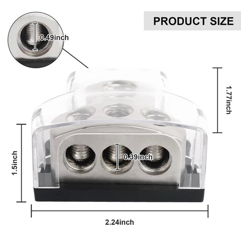 Beefy Three Way Ground Distribution Block For Car Audio Power With 0 Gauge Input And 4 Gauge Output Ports Heavy Duty Ground Splitter For Automotive Truck Boat And Marine Amp Install 1 Pack, transparent silver block with 2.24-inch width