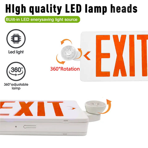 Close-up of Red LED Exit Sign With Emergency Lights And Battery Backup, dual adjustable head LED lamps, white housing.