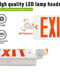 Close-up of 4 Pack Red LED Exit Signs With Emergency Lights And Battery Backup Dual Adjustable Head LED Lamps ABS Fire Resistant Housing UL Listed 120277V