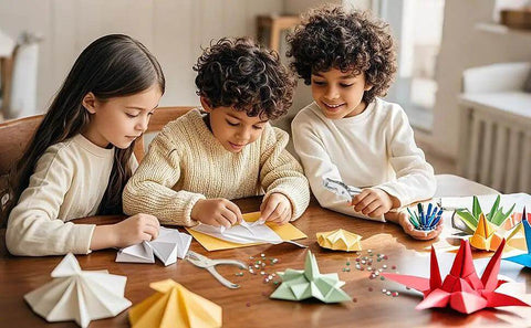 Children crafting with paper and handheld one quarter inch single hole paper punch with built in mess free waste tray.