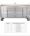 72 Inch Stainless Steel Rolling Tool Chest With 15 Drawers And 3 Upper Cabinets, Mobile Workbench On Wheels, Lockable Storage Cabinet With Pegboard And Solid Wood Top For Pro Grade Tool Organization, front view with size chart
