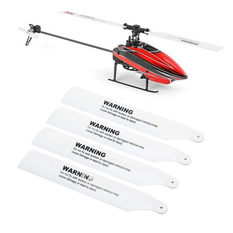 Red RC helicopter with four white blade replacements for WLtoys XK K110S; part of Dope Aluminum RC Helicopter Motor Blade Gear Parts Kit Replacement Set.