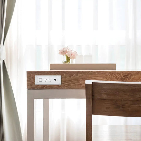 Radiant Furniture Power Center With USB And Switch, Recessed Power Strip, 2 Outlets, Type A USB Port on wooden desk