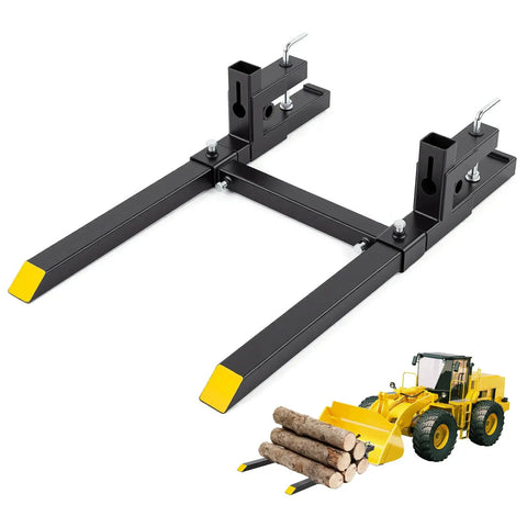 Pallet Forks For Tractor 4000 Lb Capacity 60 Inch Clamp On Forks With Adjustable Stabilizer Bar shown with loader and logs