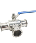 Geife 2-inch tri-clamp sanitary 3-way T-port ball valve with blue handle, stainless steel 304, PTFE seat