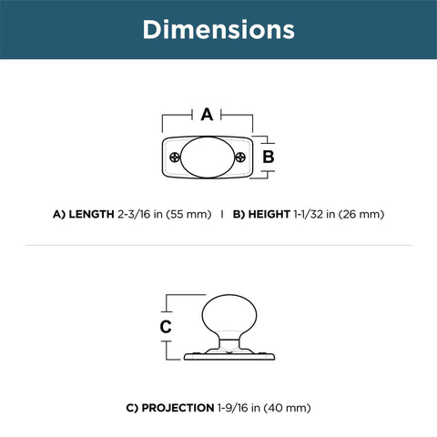 Dimensions diagram for Matte Black Cabinet Knobs Set Five Pack One And One Quarter Inch Round with length, height, projection measurements.